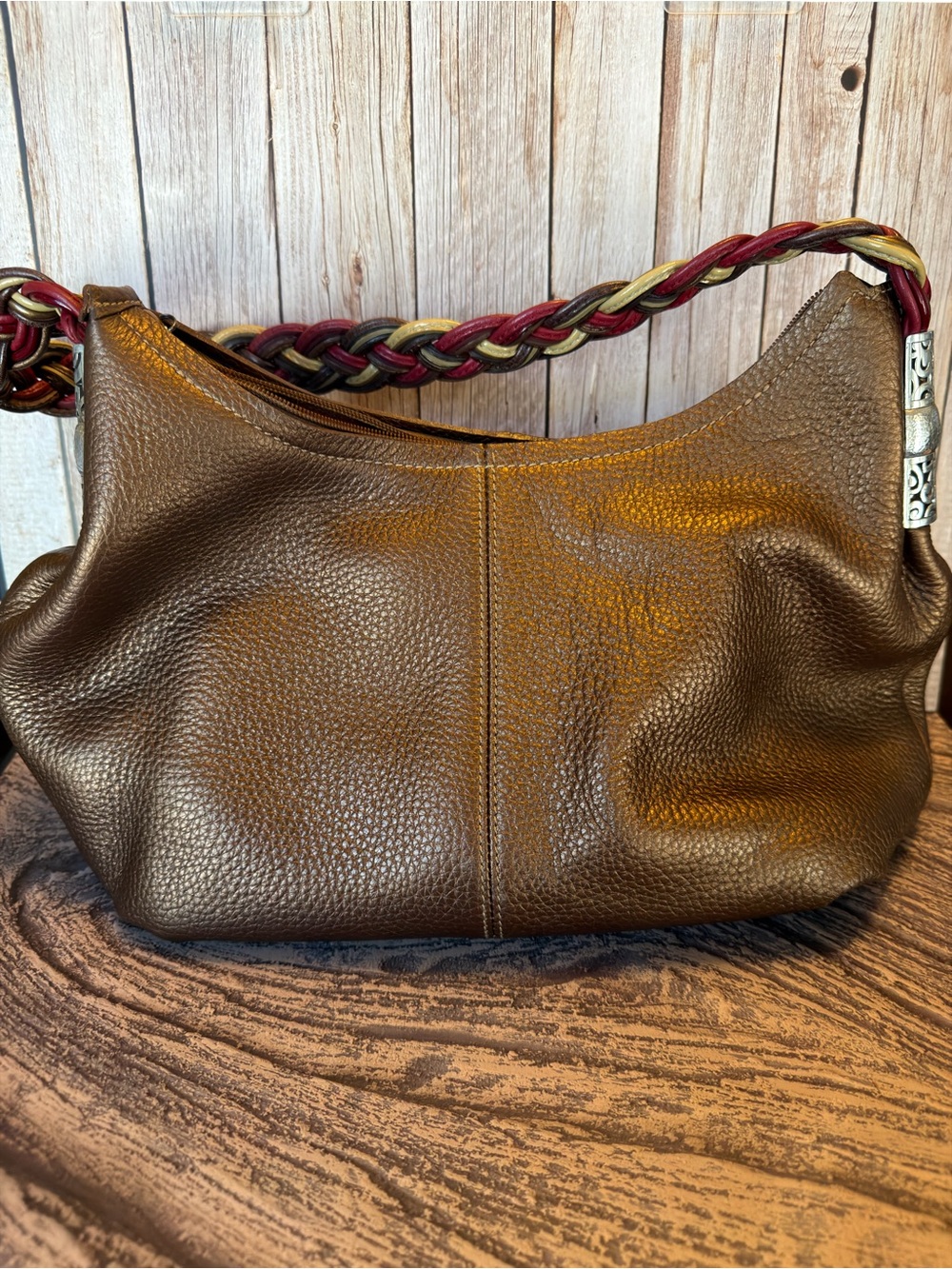 Brighton Metallic Bronze Leather Braided Handle Hobo Shoulder Bag